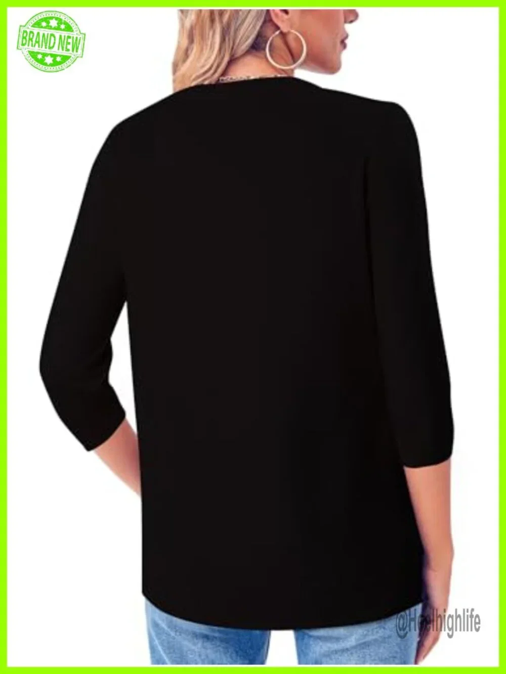 Lightweight Open Front Cardigan with Pockets V-Neck 3/4 Sleeve Knit
